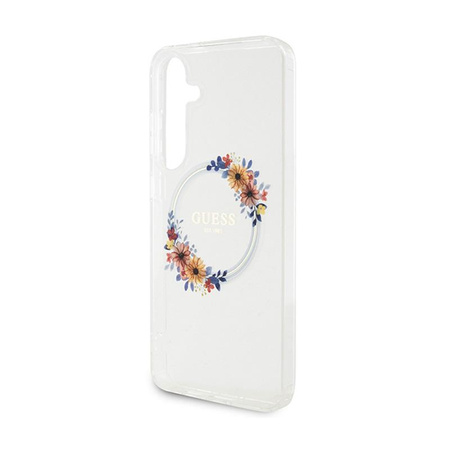 Guess IML Flowers Wreath MagSafe - Étui pour Samsung Galaxy S24+ (transparent)