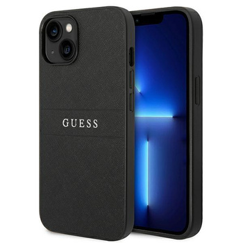 Guess Saffiano Metal Logo Stripes - Étui pour iPhone 14 (noir)