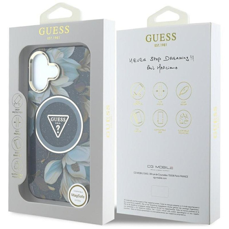 Guess Glitter Flowers Triangle Buttons MagSafe - pouzdro pro iPhone 16 (černé)