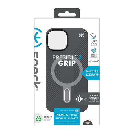 Speck Presidio2 Grip ClickLock & MagSafe - tok iPhone 16e / iPhone 15 / iPhone 14 / iPhone 13 (szénszürke / hideg bronz)