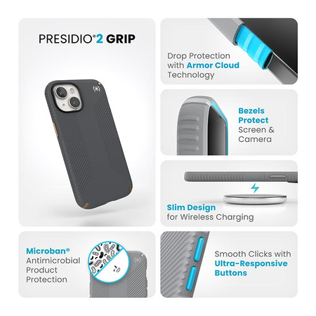 Speck Presidio2 Grip - Case iPhone 16e / iPhone 15 / iPhone 14 / iPhone 13 (Charcoal Gray / Cool Bronze / White)