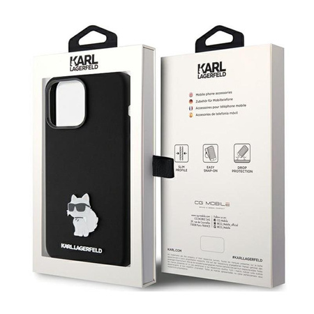 Karl Lagerfeld Silikon Choupette Metall Pin - iPhone 15 Pro Tasche (schwarz)