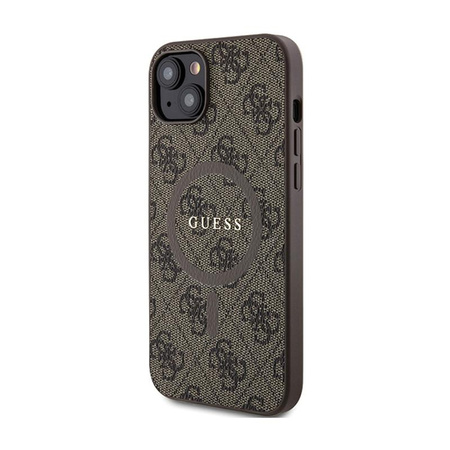 Guess 4G Collection Cuir Logo Métal MagSafe - Étui pour iPhone 15 Plus / 14 Plus (marron)
