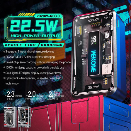 WEKOME WP-395 Vanguard Series - Power bank 10000 mAh Super Charging PD 20W + QC 22.5W (Black)