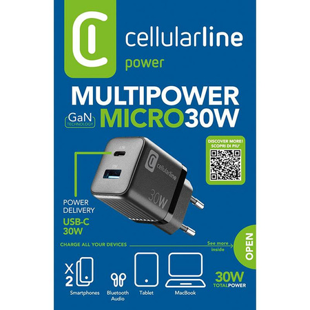 Cellularline Multipower Micro GaN - USB-C és USB-A Power Delivery 30W-os hálózati töltő (fekete)