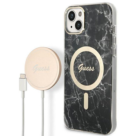 Guess Bundle Pack MagSafe IML Marble - MagSafe iPhone 14 Plus Tasche + Ladegerät-Set (schwarz/gold)