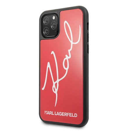 Karl Lagerfeld Double Layers Tempered Glass Glitter Signature Case - pouzdro pro iPhone 11 Pro Max (červené)