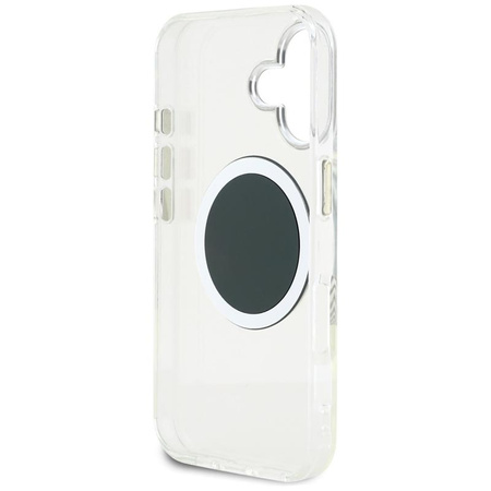 Guess IML Metallfarbener Kreis Klassisches Logo MagSafe - Hülle für iPhone 16 (schwarz)