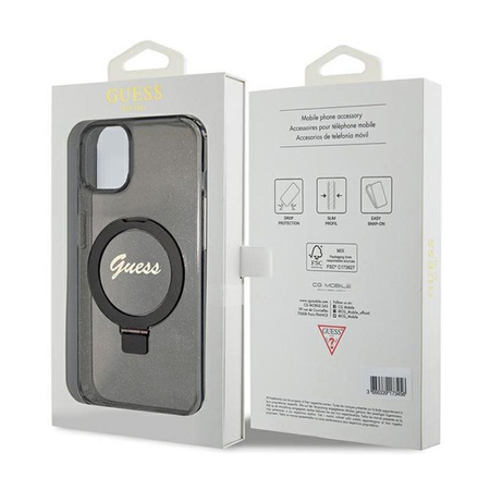 Guess Ring Stand Script Glitter MagSafe - Etui iPhone 15 (czarny)