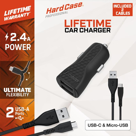 Energizer HardCase - Autótöltő 2x USB-A 2.4A + USB-C és Micro USB kábel (fekete)