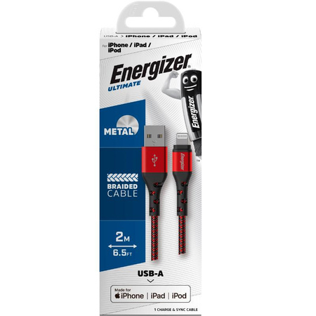 Energizer Ultimate - Câble de connexion USB-A vers Lightning certifié MFi 2m (Rouge)