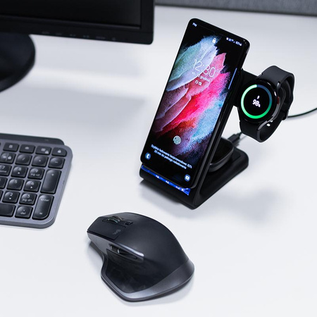 Crong PowerSpot Pivot Stand - Chargeur sans fil 3-en-1 pour iPhone, Samsung & Android, Galaxy Watch et écouteurs TWS (noir)