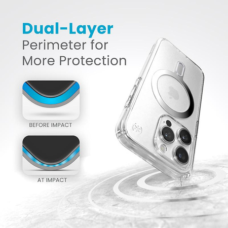 Speck Presidio Perfect-Clear ClickLock e Magsafe - Custodia per iPhone 15 Pro (Trasparente / Finitura cromata / Argento Serene)
