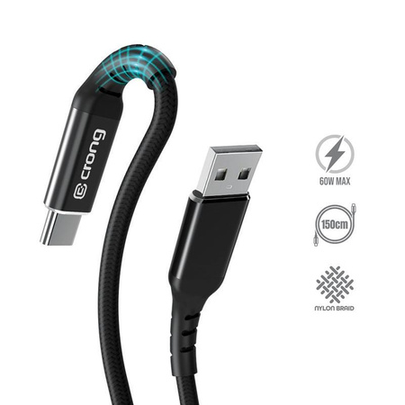 Crong Armor Link - 60W 3A USB-A na USB-C opletený kabel Power Delivery 150cm (černý)