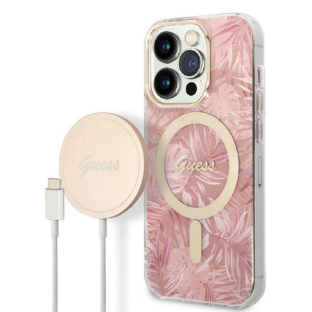 Guess Bundle Pack MagSafe IML Jungle - MagSafe iPhone 14 Pro Case + Charger Set (pink/gold)