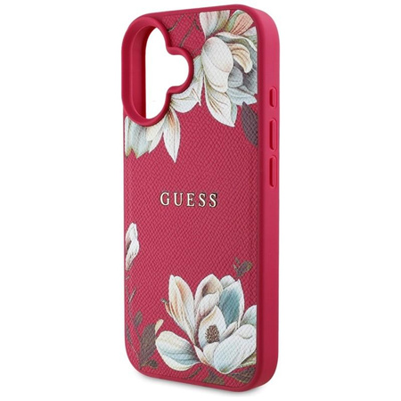 Guess MagSafe - Tasche mit genarbtem Blumenmuster für iPhone 16 (fuchsia)