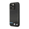 BMW Leder Carbon Blue Line - Tasche für iPhone 14 Pro (Schwarz)