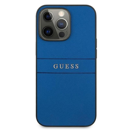 Pouzdro Guess Saffiano Metal Logo Stripes - iPhone 13 Pro Max (modré)