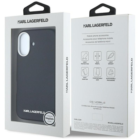 Karl Lagerfeld Saffiano Full Wrapped Elongated Metal Logo MagSafe - Pouzdro pro iPhone 16 (černé)