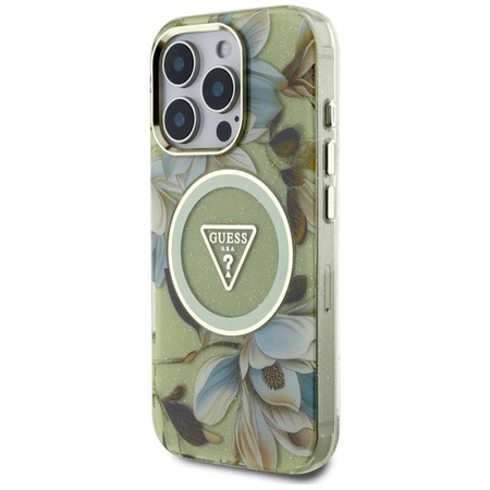 Guess Glitter Flowers Triangle Buttons MagSafe - Coque pour iPhone 16 Pro Max (vert)