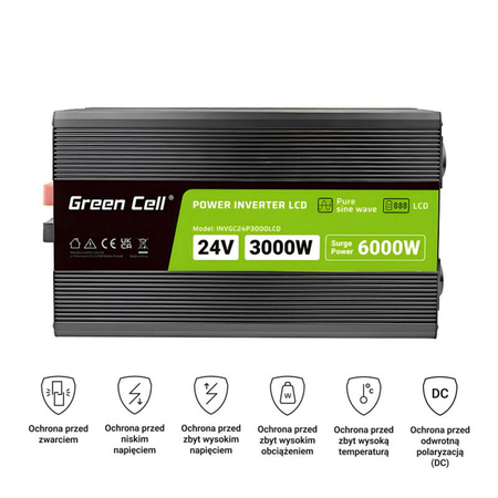 Green Cell - PowerInverter LCD kijelzővel 24V - 230V 3000W/6000W tiszta szinusz hullám feszültség átalakító 24V - 230V 3000W/6000W tiszta szinusz hullám feszültség átalakító