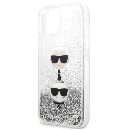 Karl Lagerfeld Liquid Glitter Karl & Choupette Head - pouzdro na iPhone 13 mini (stříbrné)