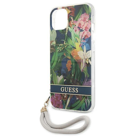 Guess Flower Cord - Etui avec dragonne iPhone 13 mini (Bleu)