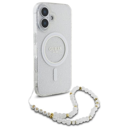 Guess IML Glitter With Pearl Strap MagSafe - iPhone 16 Tasche (Transparent)