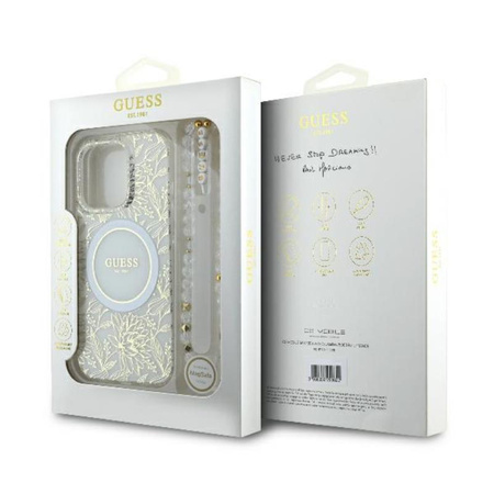 Guess IML Flowers Allover Electro With Pearl Strap MagSafe - Pouzdro pro iPhone 16 Pro Max (Bílé)