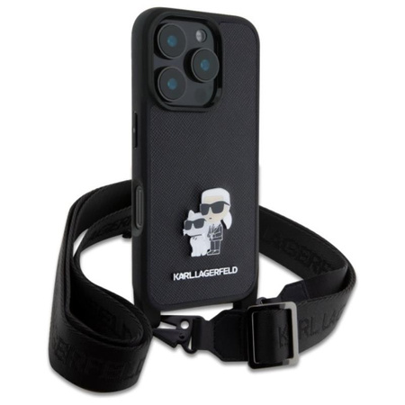 Karl Lagerfeld Saffiano Karl & Choupette Metal Pin CBDY Strap - pouzdro pro iPhone 16 Pro Max (černé)