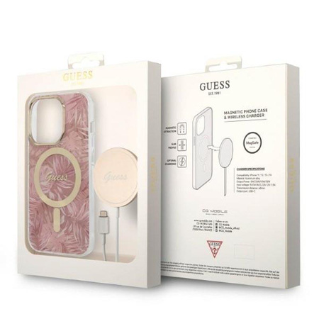 Guess Bundle Pack MagSafe IML Jungle - MagSafe iPhone 14 Pro Case + Charger Set (pink/gold)
