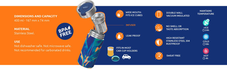 Quokka Boost Coffee Tumbler - Stainless Steel Thermal Mug with Infuser 400ml (Blue Jungle)