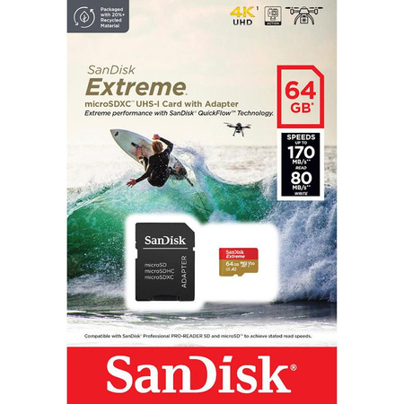 SanDisk Extreme microSDXC - Memóriakártya 64 GB A2 V30 UHS-I U3 170/80 MB/s adapterrel