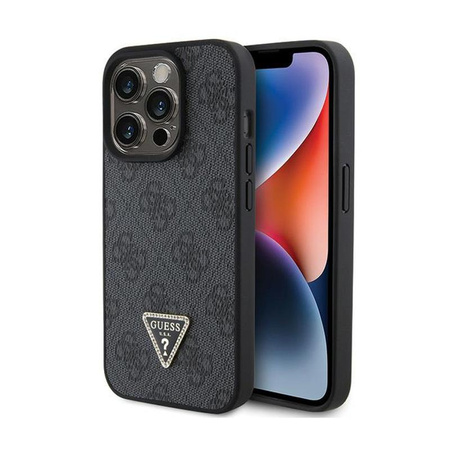 Kožené pouzdro Guess 4G Triangle Strass - iPhone 15 Pro Max (černé)