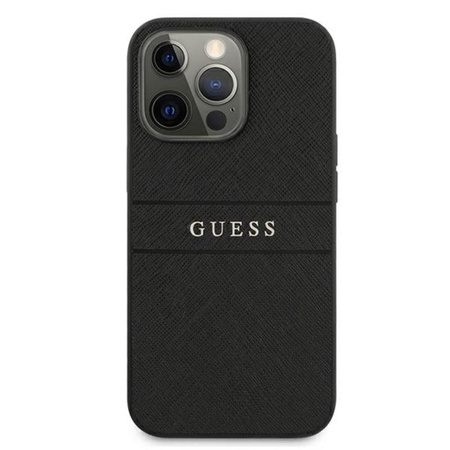 Guess Saffiano fém logós csíkok - iPhone 13 Pro Max tok (fekete)