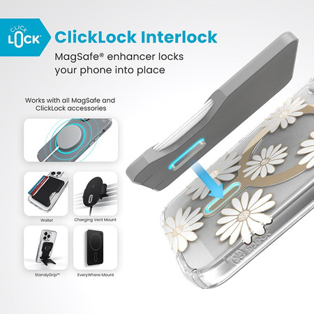 Speck Presidio Lux ClickLock & MagSafe - Coque pour iPhone 16 (Sunshine Daisies / Clear / Gold)