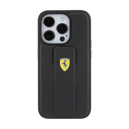 Ferrari Grip Stand Metal Logo - pouzdro pro iPhone 15 Pro (černé)