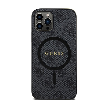 Guess 4G Collection Leder Metall Logo MagSafe - iPhone 12 / iPhone 12 Pro Tasche (schwarz)