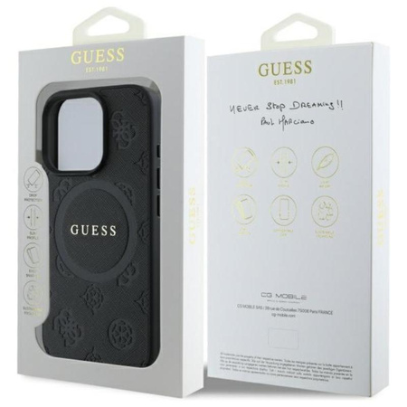 Guess Saffiano Peony Classic Logo MagSafe – Pouzdro pro iPhone 16 Pro (černé)