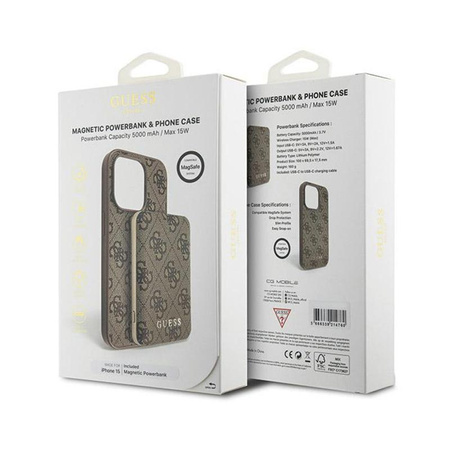 Guess Bundle Pack MagSafe 4G Metal Gold Logo - Case Set + Power Bank 5000mAh MagSafe iPhone 15 (brown)