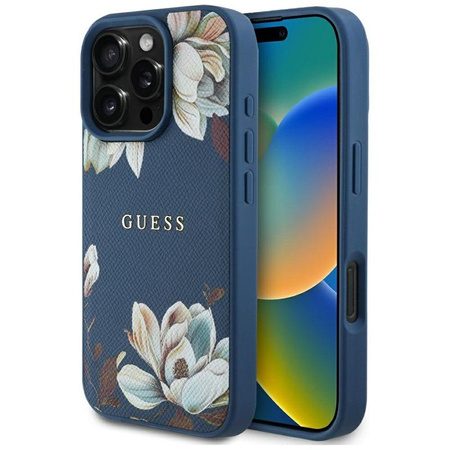MagSafe - pouzdro Guess Grained Printed Flower Pattern pro iPhone 16 Pro Max (modré)