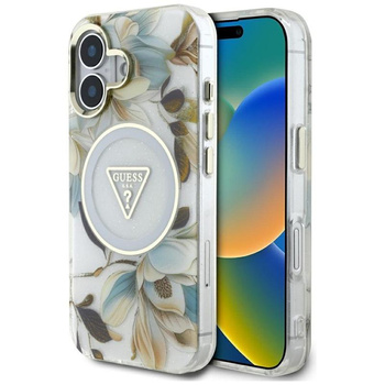 Guess Glitter Flowers Triangle Buttons MagSafe - Case for iPhone 16 (white)
