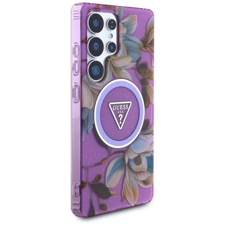 Guess Glitter Flowers Triangle Buttons MagSafe - Case for Samsung Galaxy S25 Ultra (purple)