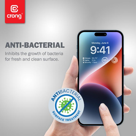 Crong Anti-Bacterial 3D Armour Glass - 9H voll Bildschirm gehärtetes Glas für iPhone 14 Pro + Installationsrahmen