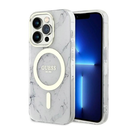 Guess Marble MagSafe - pouzdro pro iPhone 14 Pro (bílé)