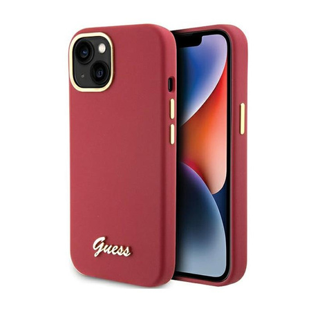 Guess Silicone Script Metal Logo & Frame - pouzdro pro iPhone 15 (purpurový)