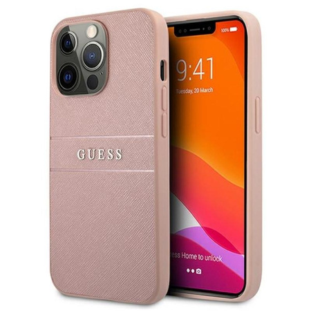 Guess Saffiano Metal Logo Stripes - Coque iPhone 13 Pro Max (rose)