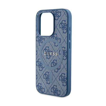 Kožené pouzdro Guess 4G Collection s kovovým logem MagSafe - iPhone 14 Pro (modré)