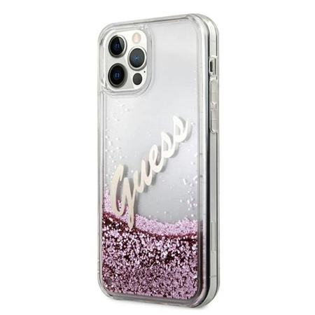 Guess Glitter Vintage Script - Etui iPhone 12 / iPhone 12 Pro (różowy)