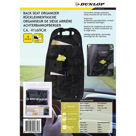 ORGANIZER NA FOTEL SAMOCHODOWY OCHRANIACZ, na Siedzenie, Schowek, Dunlop